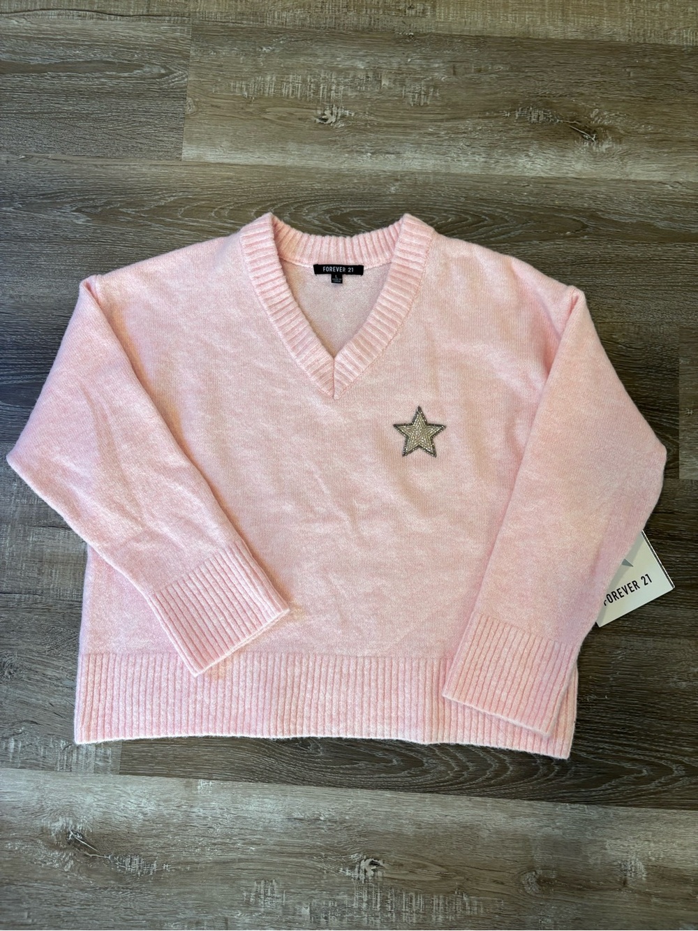 Forever 21 Pastel Pink V-Neck Sweater with Star Patch